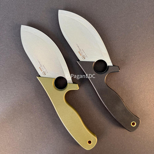 Two PFH01 EEL fixed blade knives displayed on a dark background, featuring stonewashed stainless steel blades with large finger ring holes and ergonomic G10 handles in green and black for rugged everyday carry use.