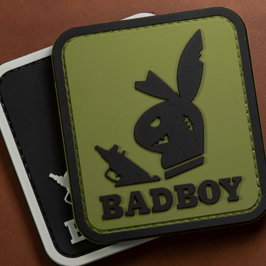 PVC patch “Badboy” in green and black with raised 3D design and Velcro backing.