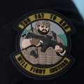 PVC patch with a tactical soldier illustration and text "Too fat to run, will fight instead".