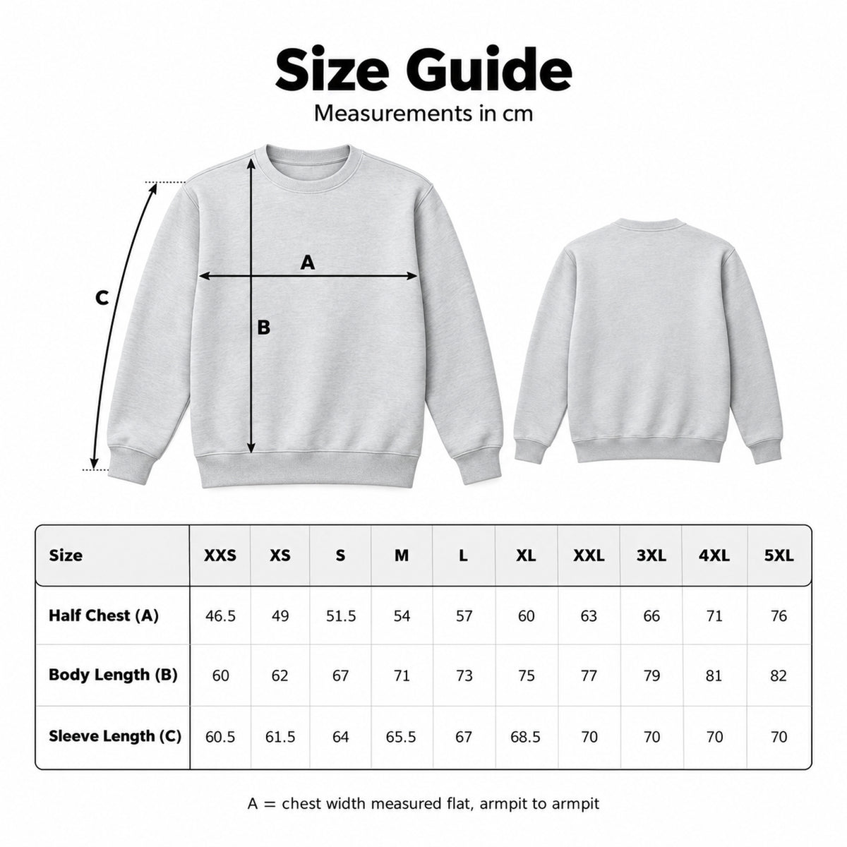 Size guide for sweatshirt