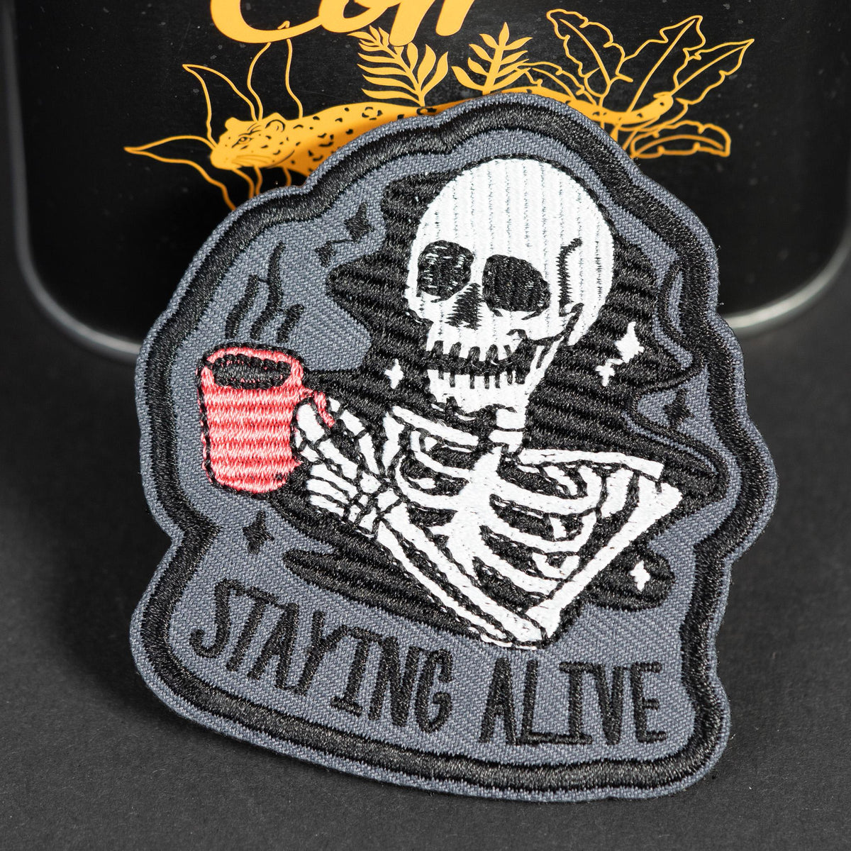 Staying Alive embroidered coffee skeleton morale patch