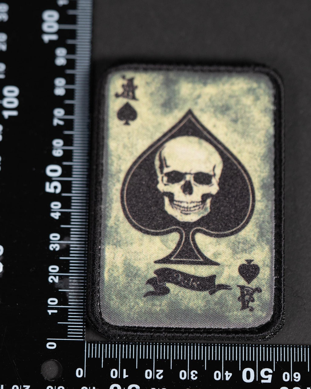 Morale Patch, Ace of Spades Skull Death Card, Sublimated Hook Backing