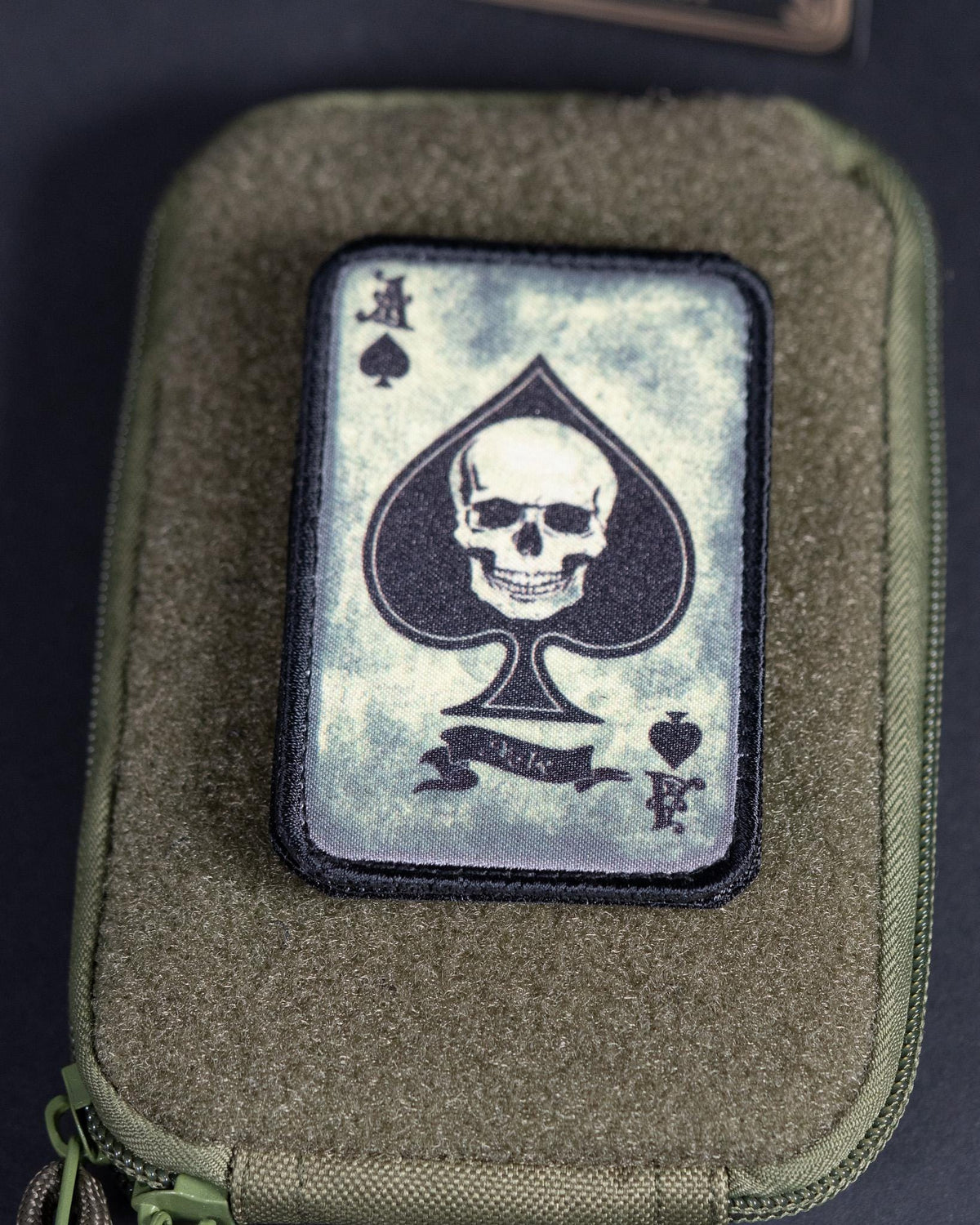 Morale Patch, Ace of Spades Skull Death Card, Sublimated Hook Backing
