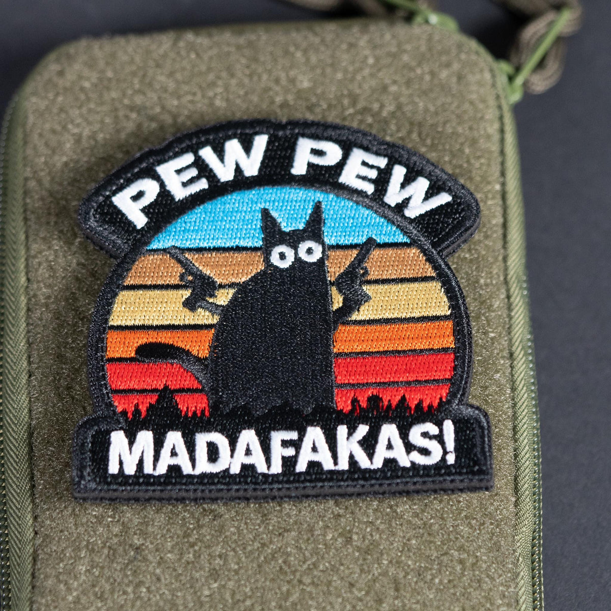 Morale Patch, Pew Pew Madafakas Cat, Embroidered Badge, Hook Backing