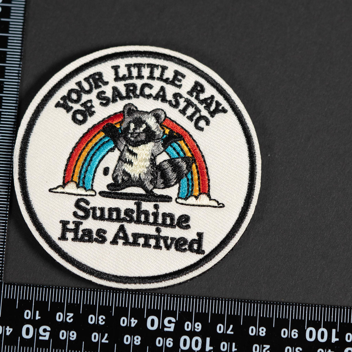 Morale Patch, Funny Raccoon Ray of Sarcastic Sunshine, Embroidered, Hook Backing