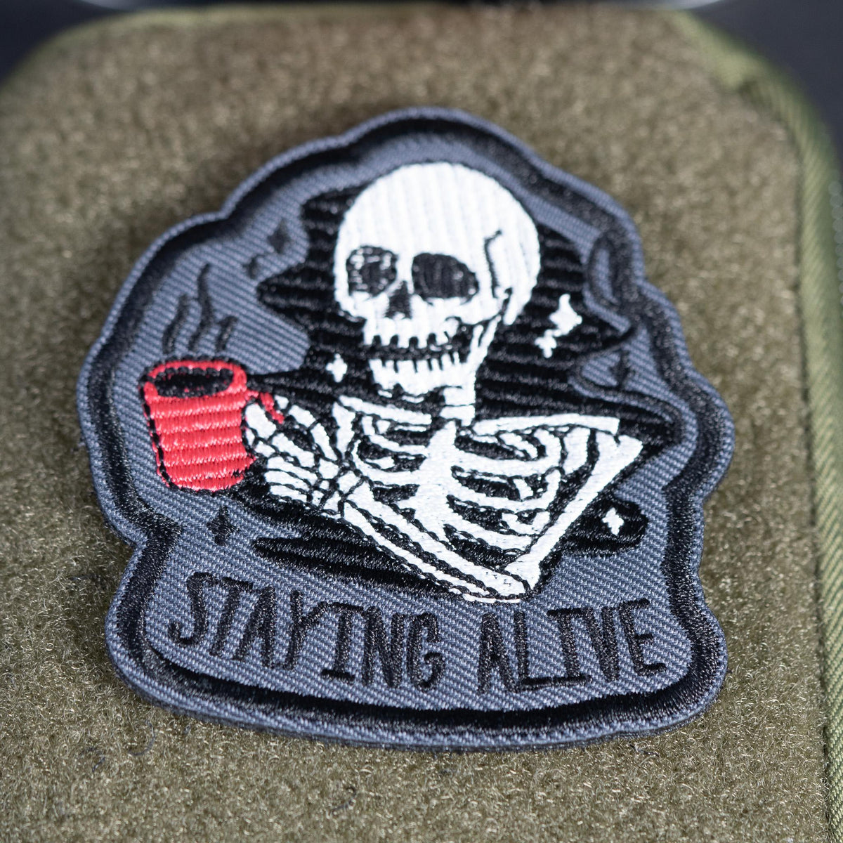 Embroidered Morale Patch, Staying Alive Coffee Skeleton, Hook Backing