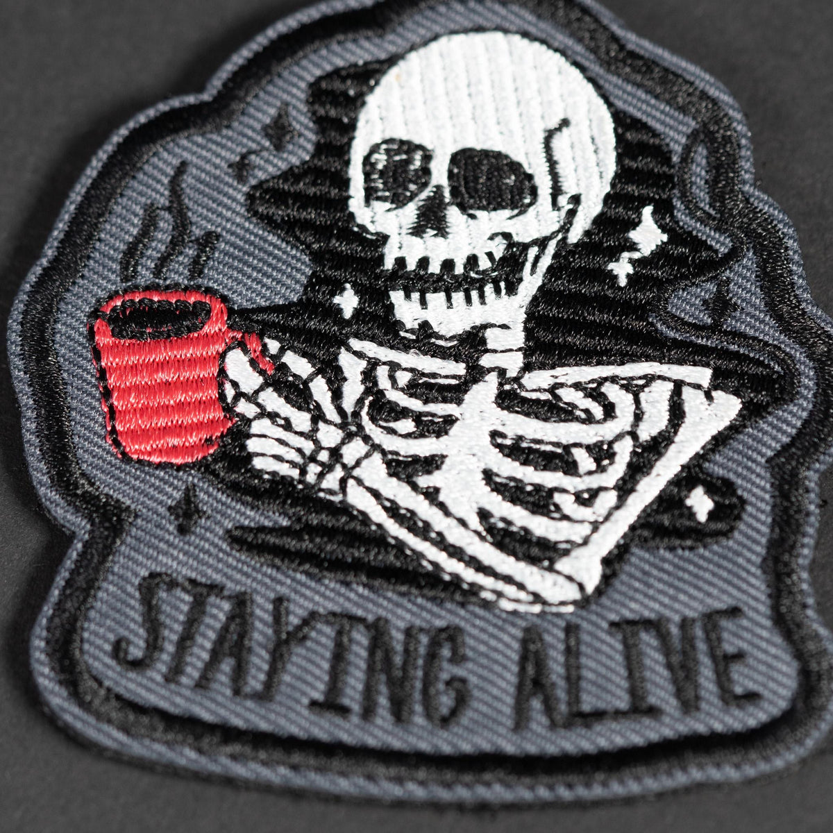 Embroidered Morale Patch, Staying Alive Coffee Skeleton, Hook Backing