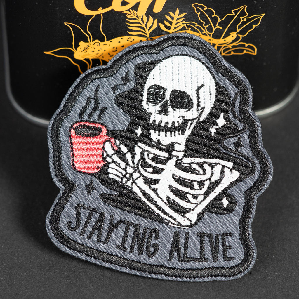 Embroidered Morale Patch, Staying Alive Coffee Skeleton, Hook Backing