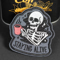 Embroidered Morale Patch, Staying Alive Coffee Skeleton, Hook Backing
