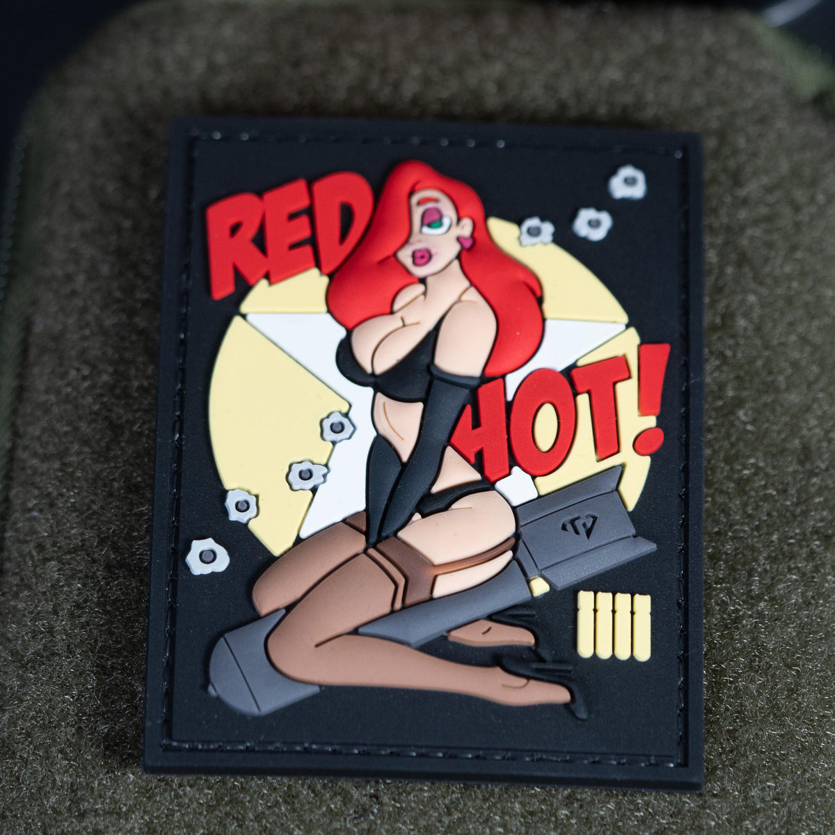PVC Morale Patch, Red Hot Pin Up Girl, Hook Backing