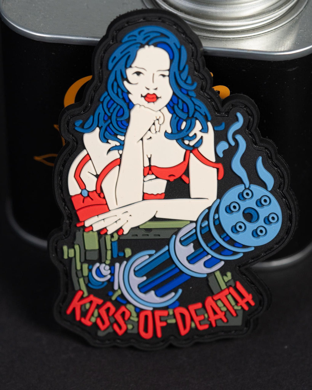 PVC Morale Patch, Kiss of Death Pin-Up Gun Girl, Hook Backing