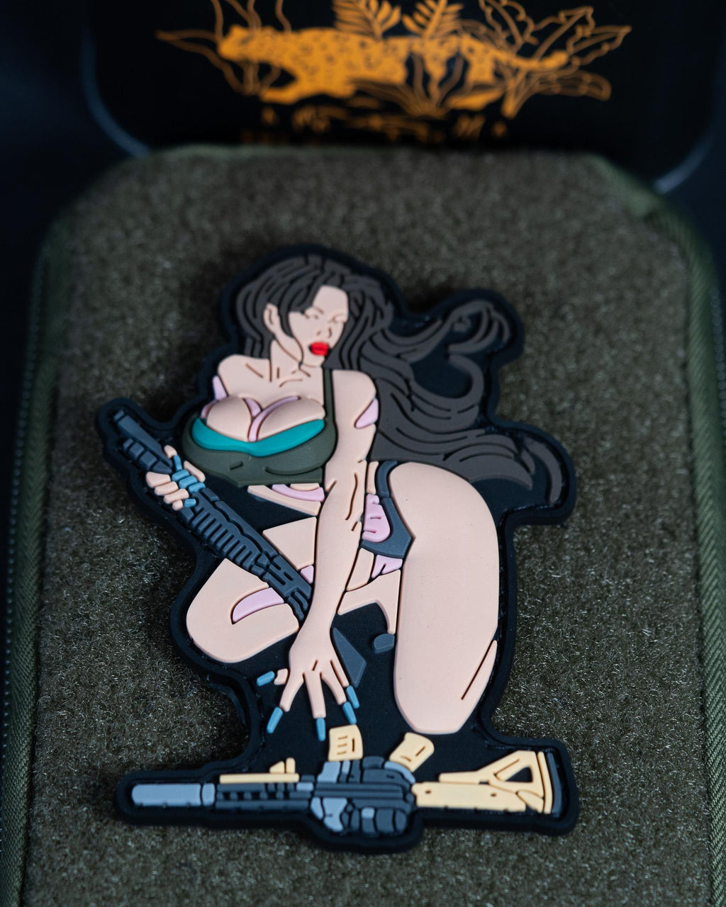 PVC Morale Patch, Tactical Pin Up Girl With Rifle, Hook Backing