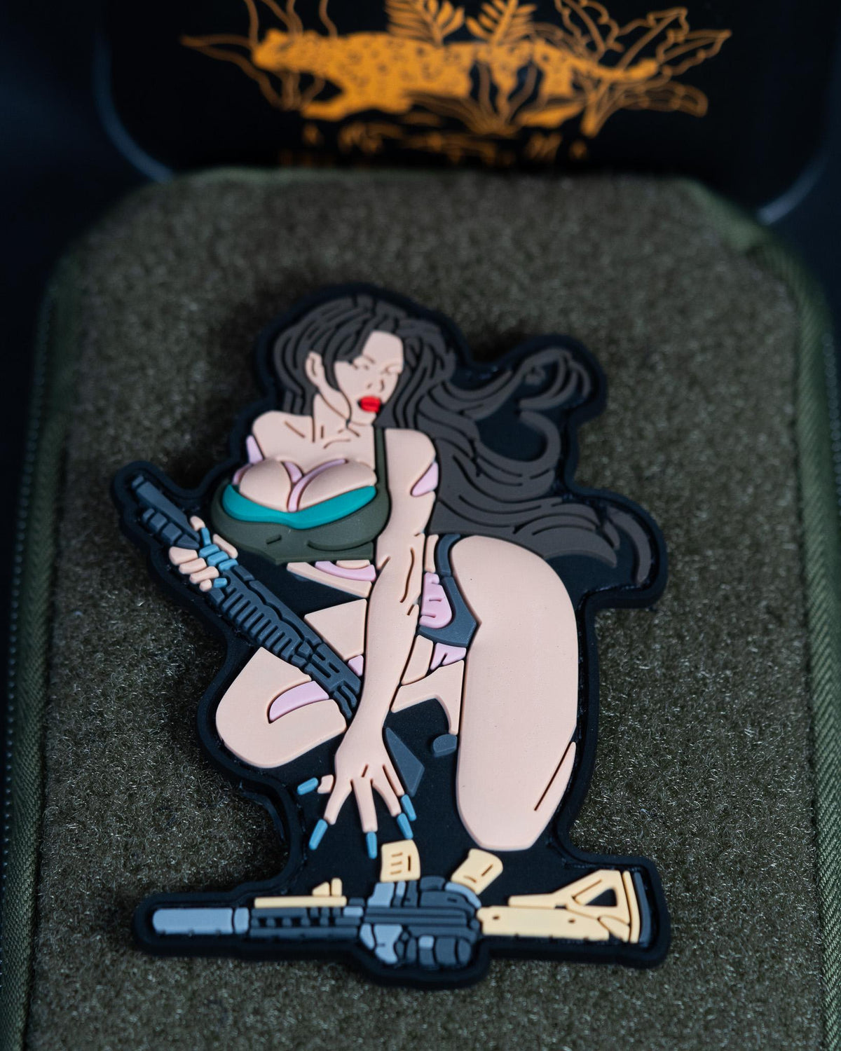 PVC Morale Patch, Tactical Pin Up Girl With Rifle, Hook Backing