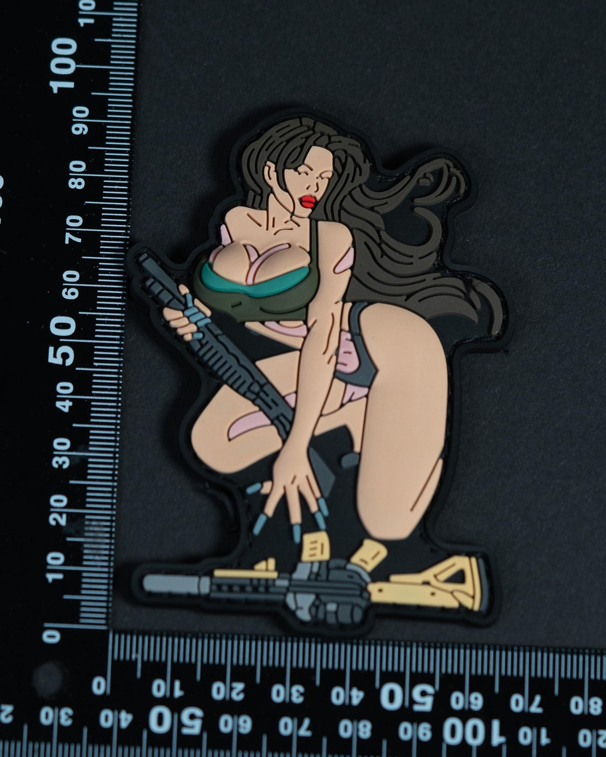 PVC Morale Patch, Tactical Pin Up Girl With Rifle, Hook Backing