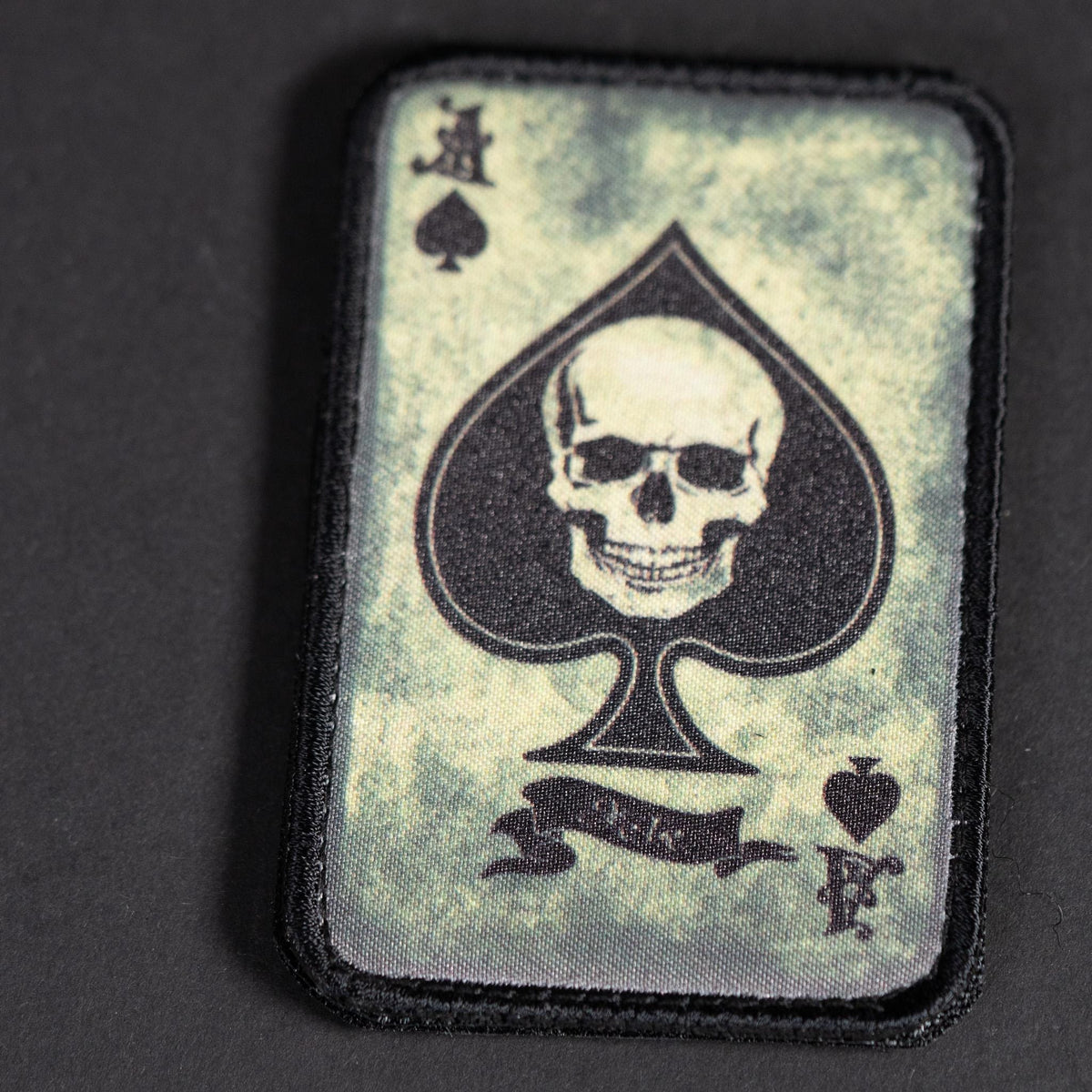 Morale Patch, Ace of Spades Skull Death Card, Sublimated Hook Backing