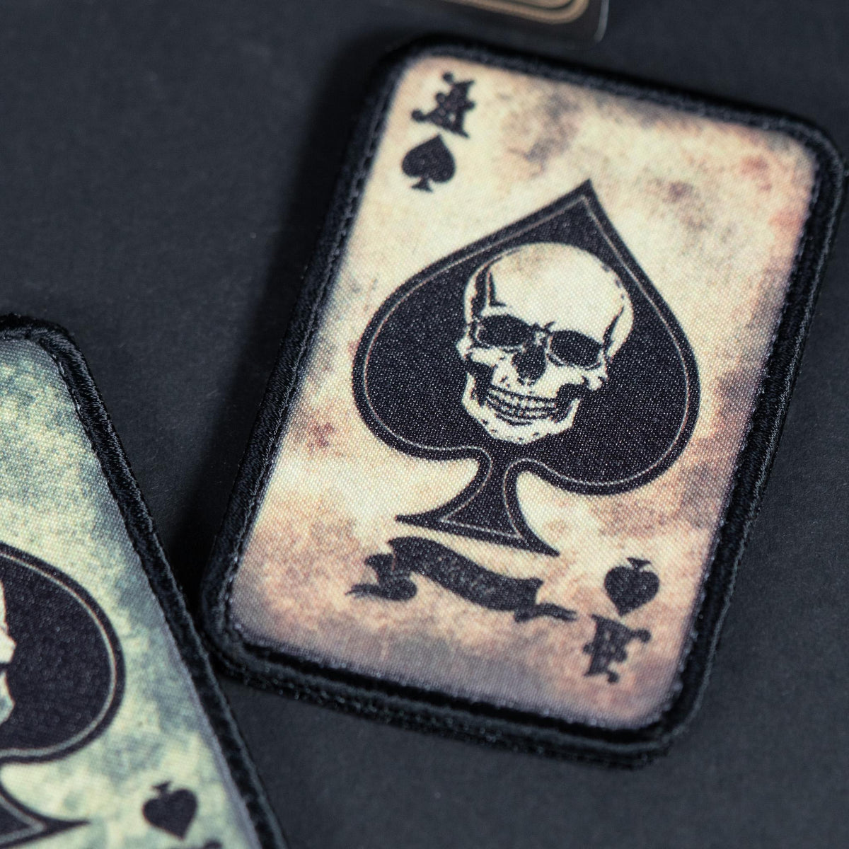 Morale Patch, Ace of Spades Skull Death Card, Sublimated Hook Backing