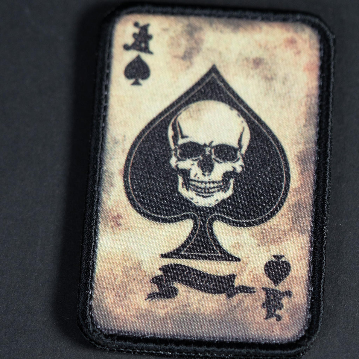 Morale Patch, Ace of Spades Skull Death Card, Sublimated Hook Backing