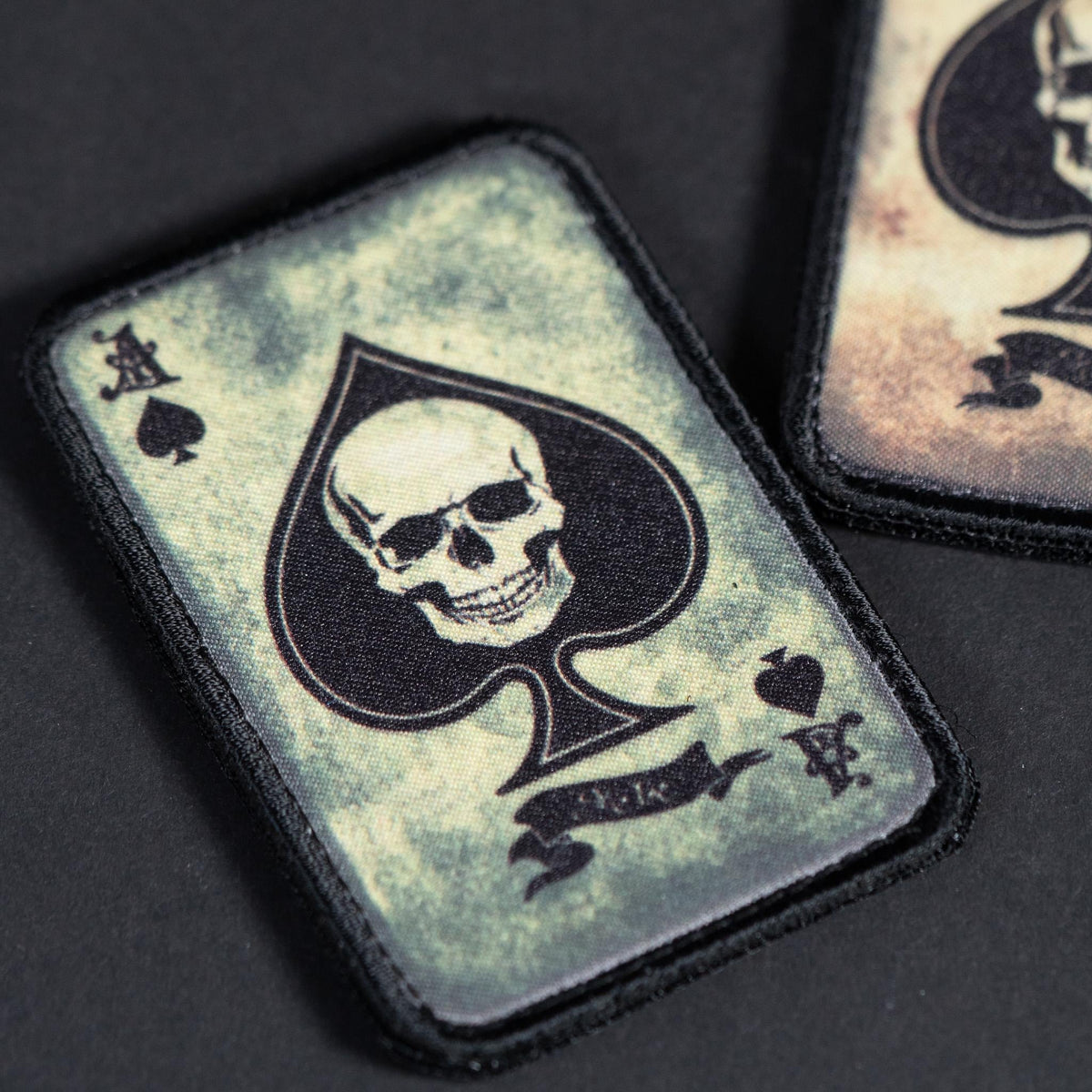Morale Patch, Ace of Spades Skull Death Card, Sublimated Hook Backing
