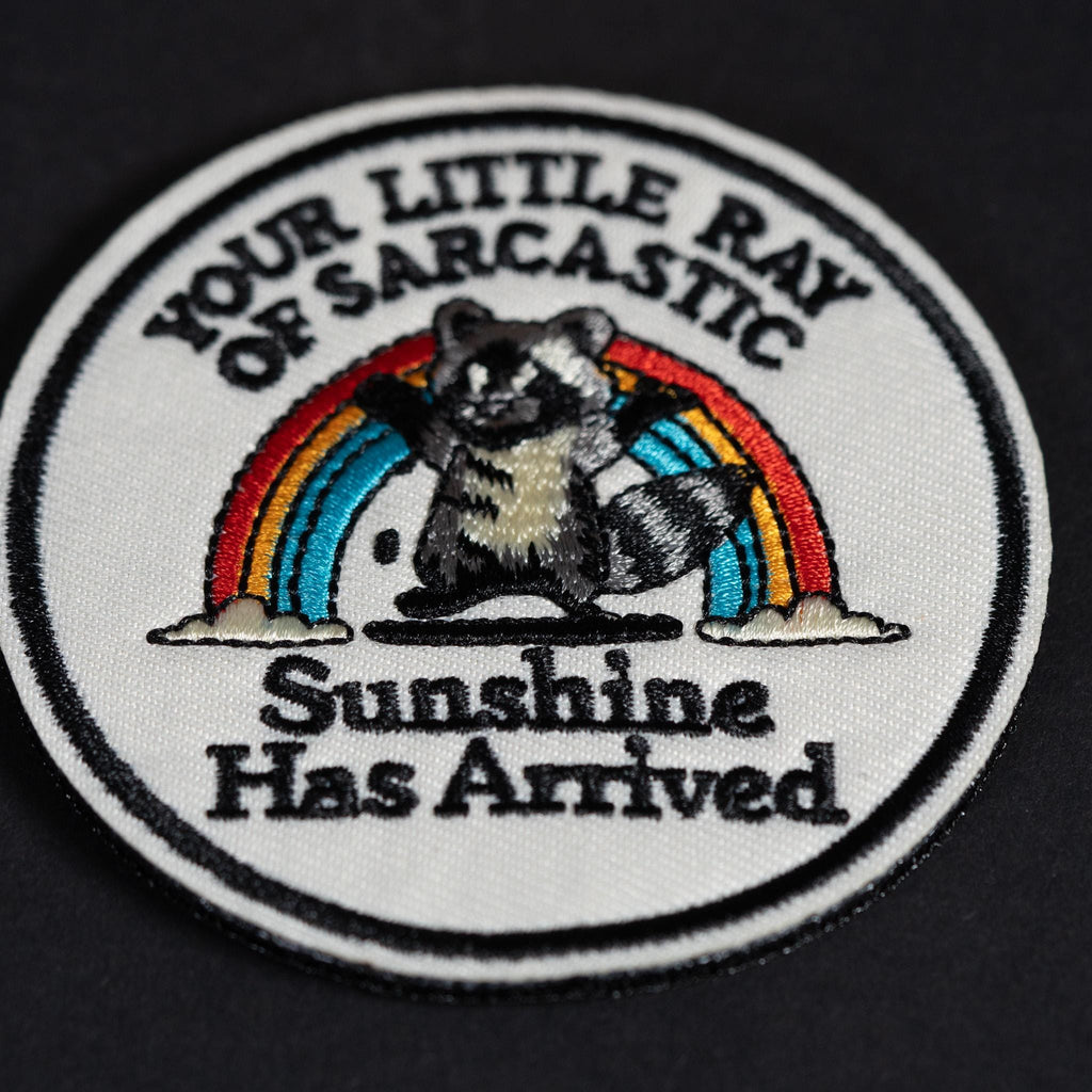 Morale Patch, Funny Raccoon Ray of Sarcastic Sunshine, Embroidered, Hook Backing