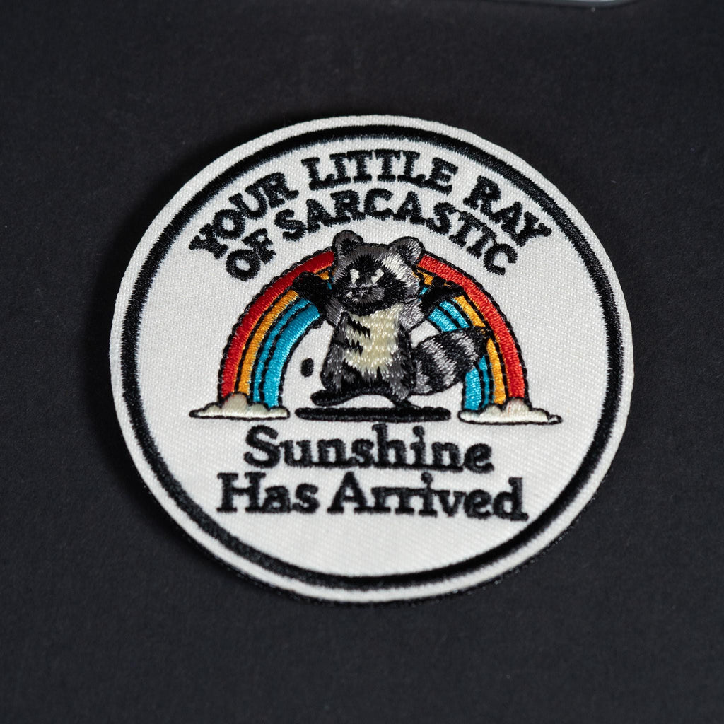 Morale Patch, Funny Raccoon Ray of Sarcastic Sunshine, Embroidered, Hook Backing
