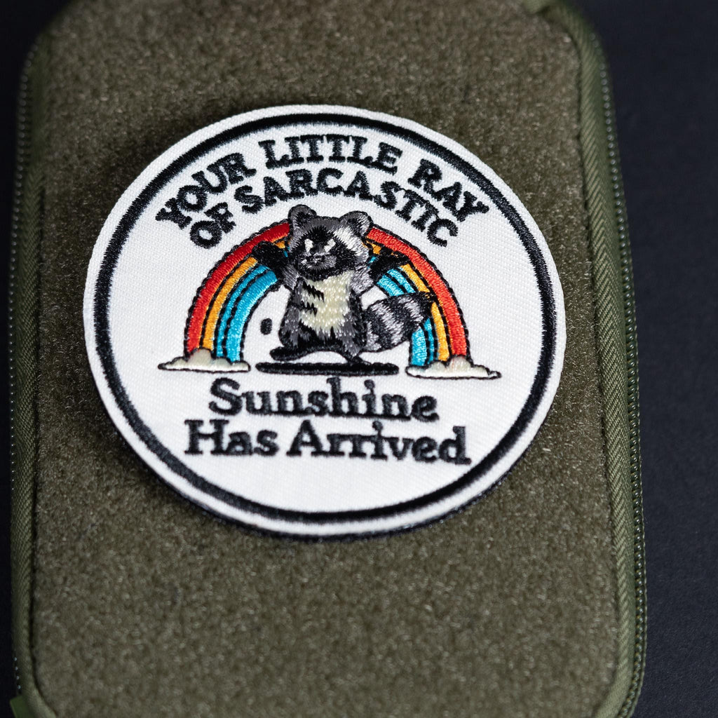 Morale Patch, Funny Raccoon Ray of Sarcastic Sunshine, Embroidered, Hook Backing