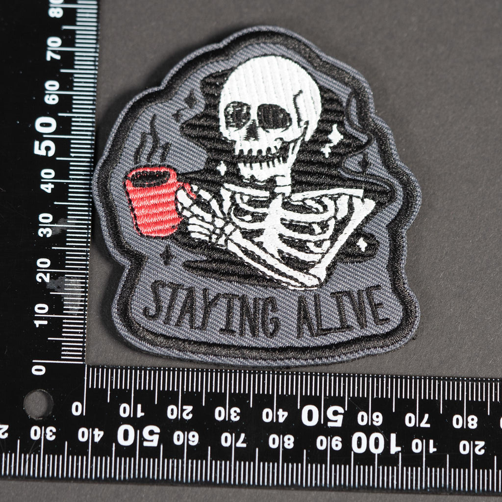 Embroidered Morale Patch, Staying Alive Coffee Skeleton, Hook Backing