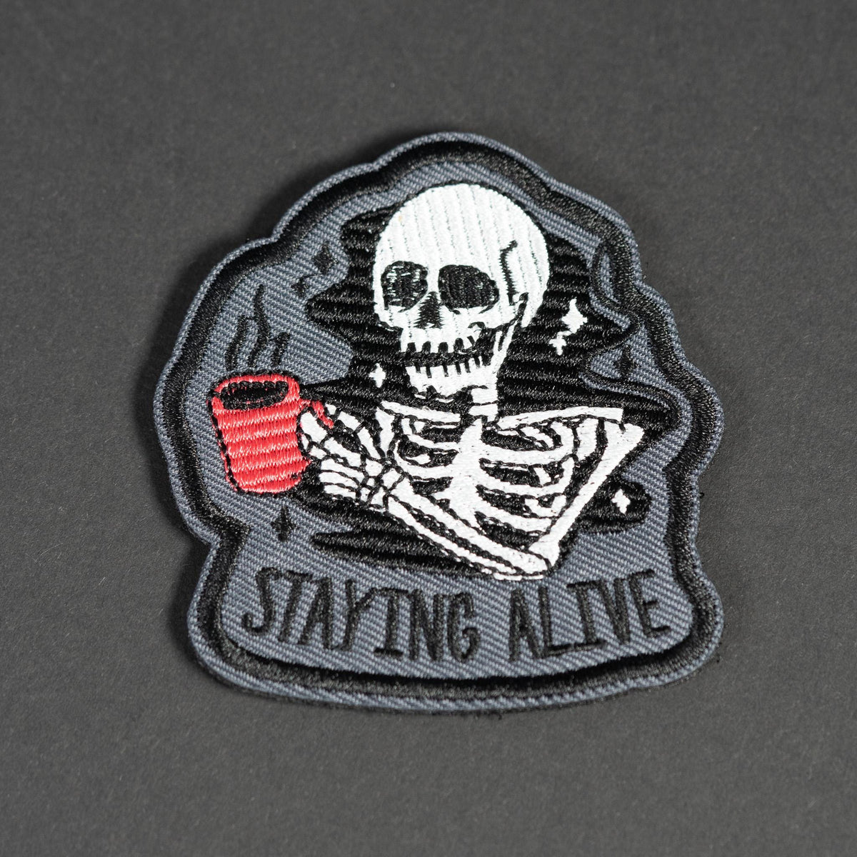Embroidered Morale Patch, Staying Alive Coffee Skeleton, Hook Backing