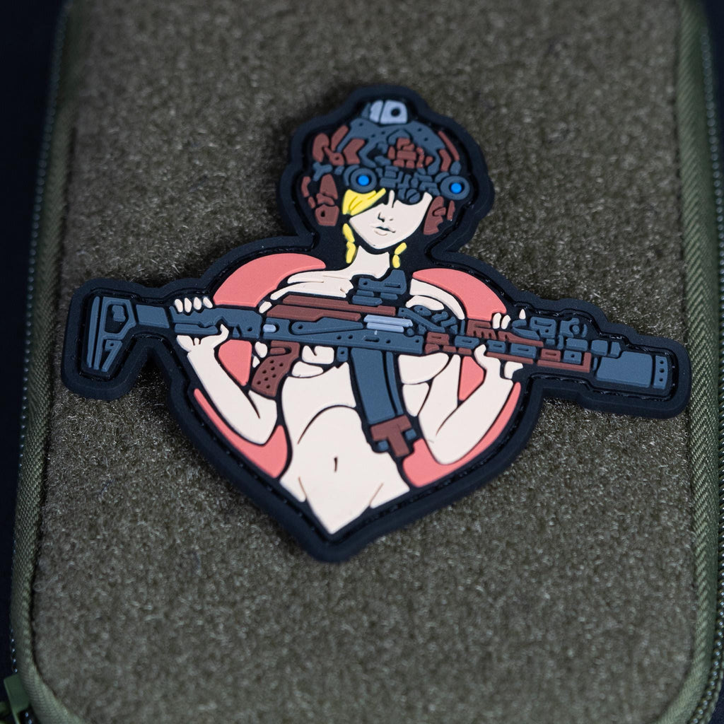 PVC Morale Patch, Tactical Girl Rifle Pin Up, Hook Backing