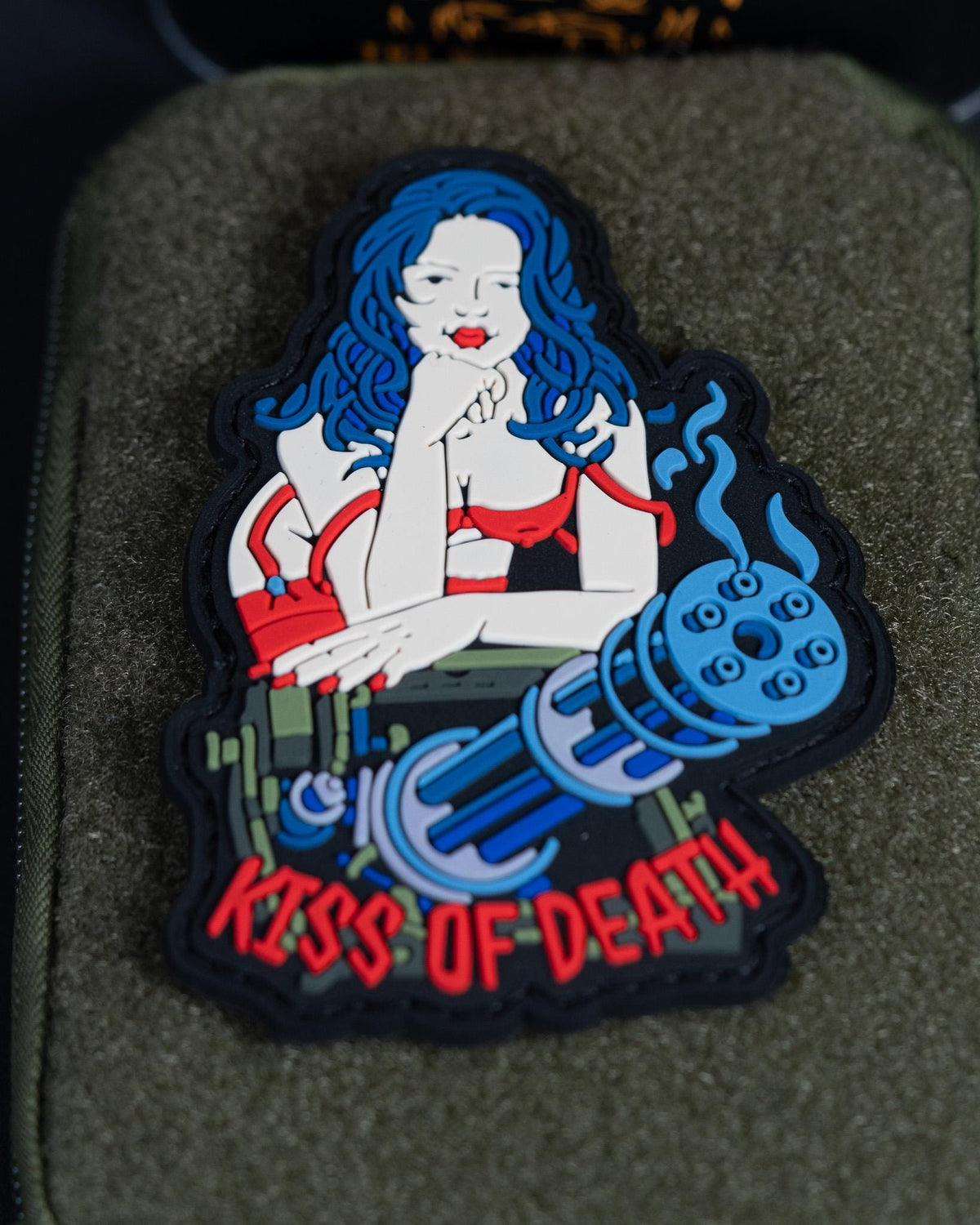 PVC Morale Patch, Kiss of Death Pin-Up Gun Girl, Hook Backing