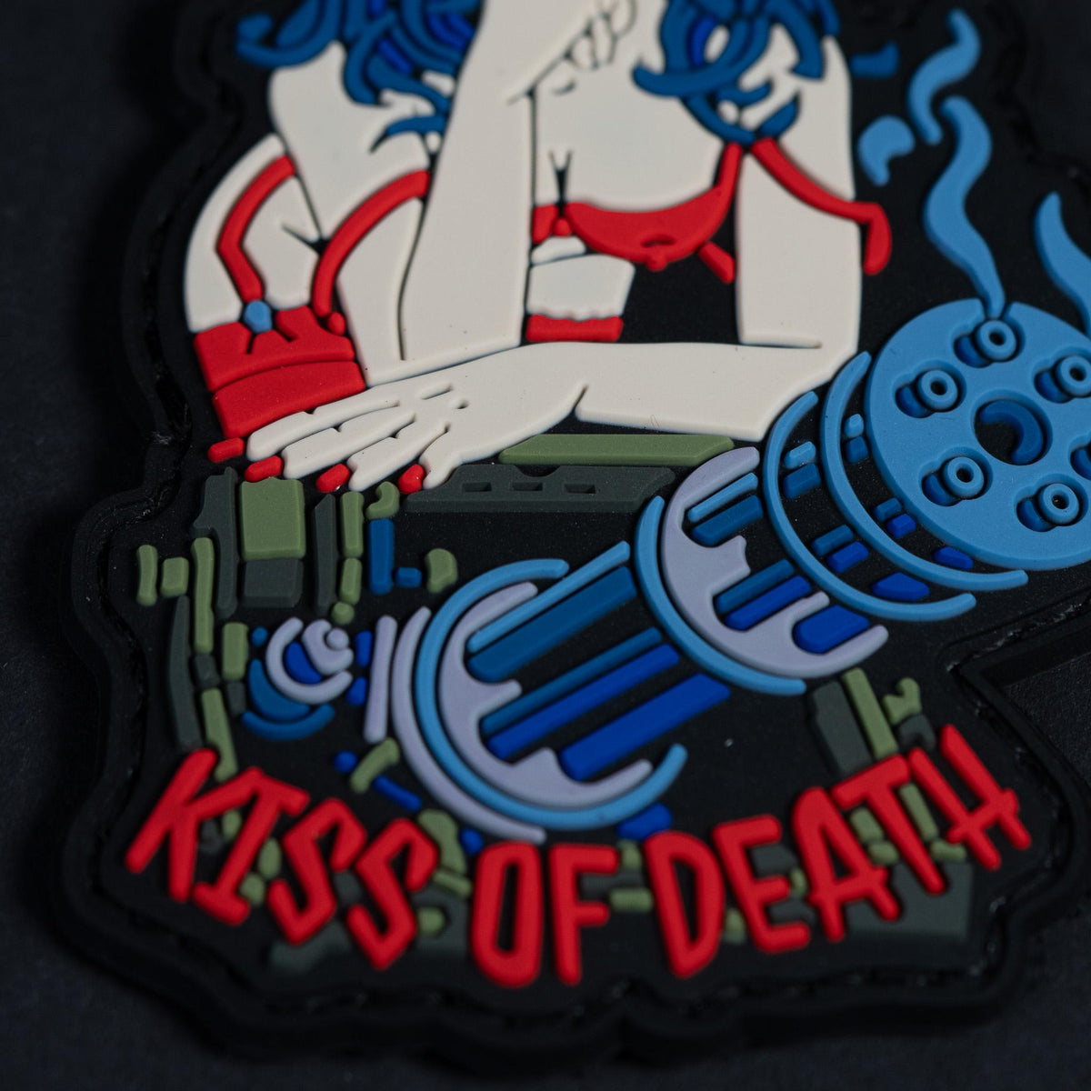 PVC Morale Patch, Kiss of Death Pin-Up Gun Girl, Hook Backing