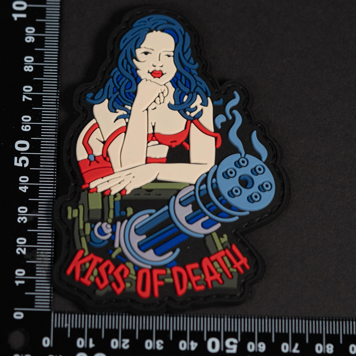 PVC Morale Patch, Kiss of Death Pin-Up Gun Girl, Hook Backing