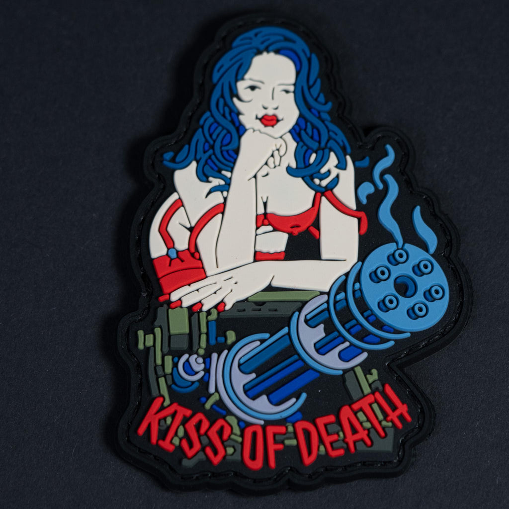 PVC Morale Patch, Kiss of Death Pin-Up Gun Girl, Hook Backing