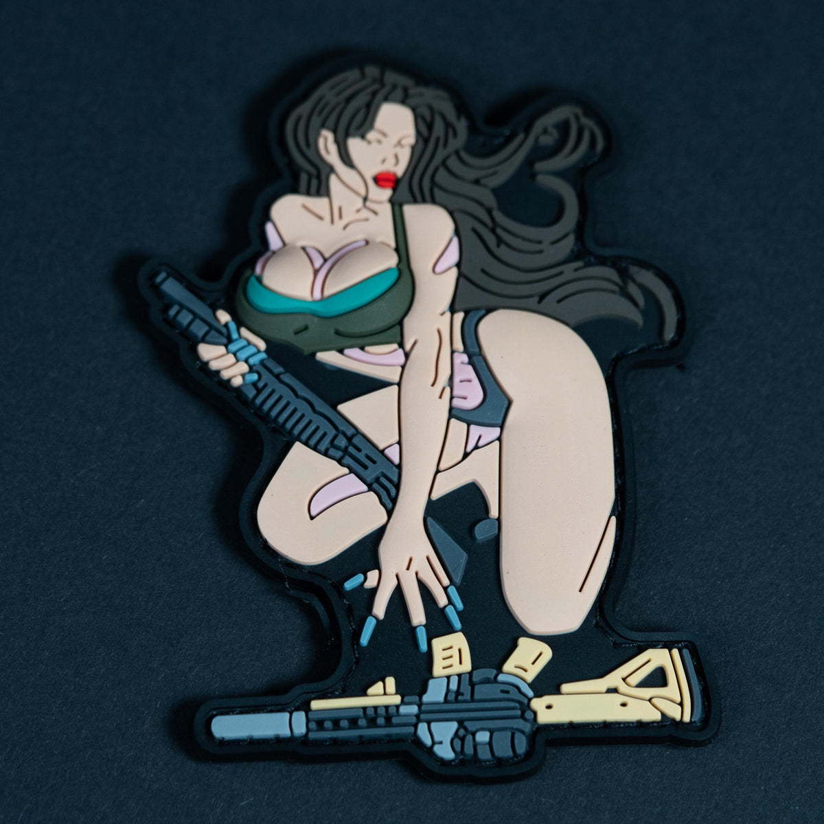 PVC Morale Patch, Tactical Pin Up Girl With Rifle, Hook Backing