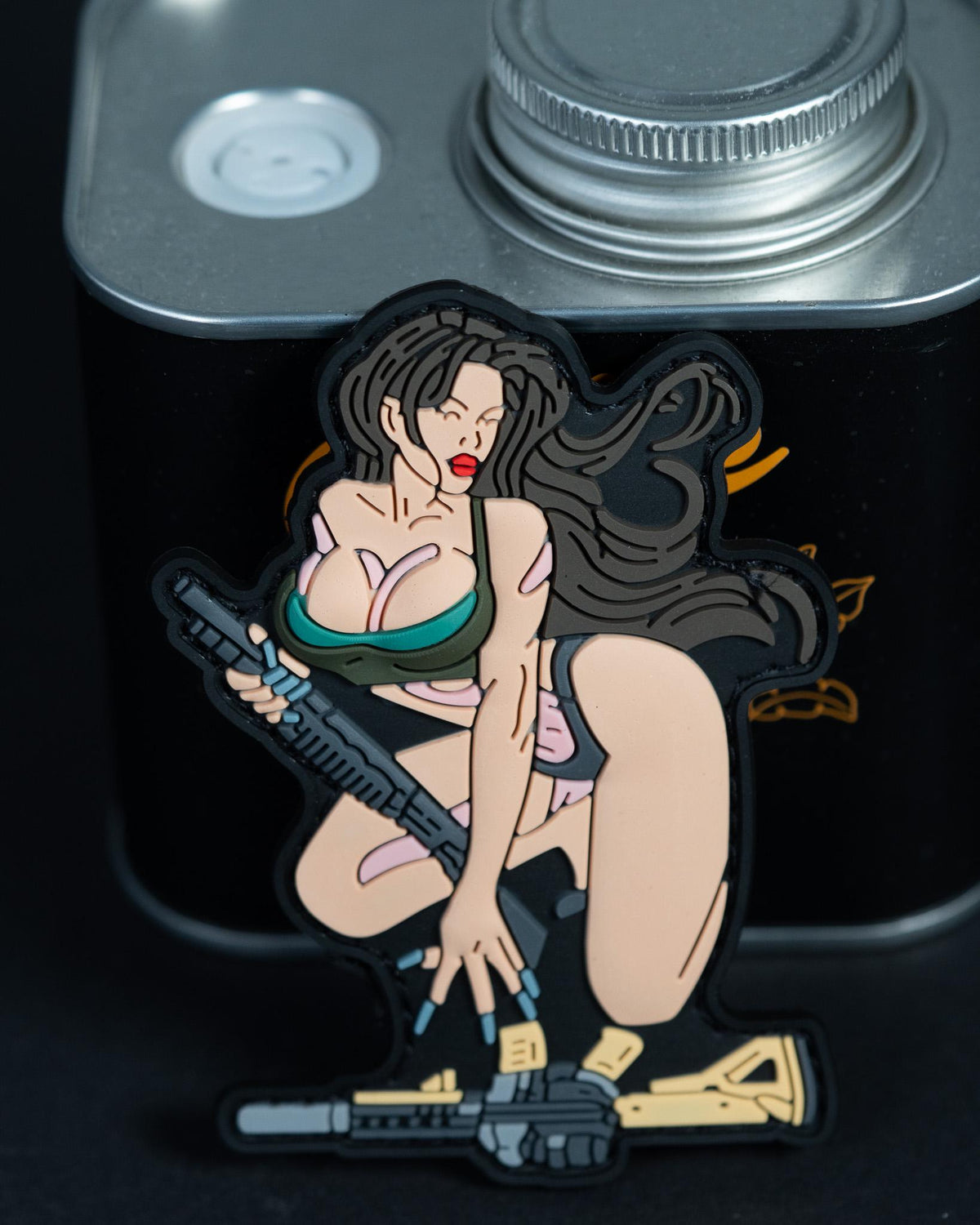 PVC Morale Patch, Tactical Pin Up Girl With Rifle, Hook Backing