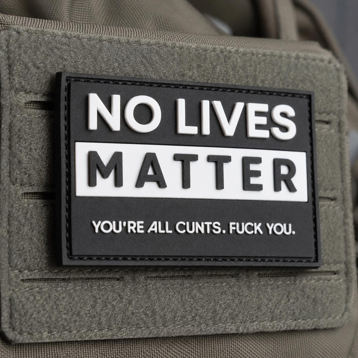 No Lives Matter PVC morale patch attached to tactical pouch