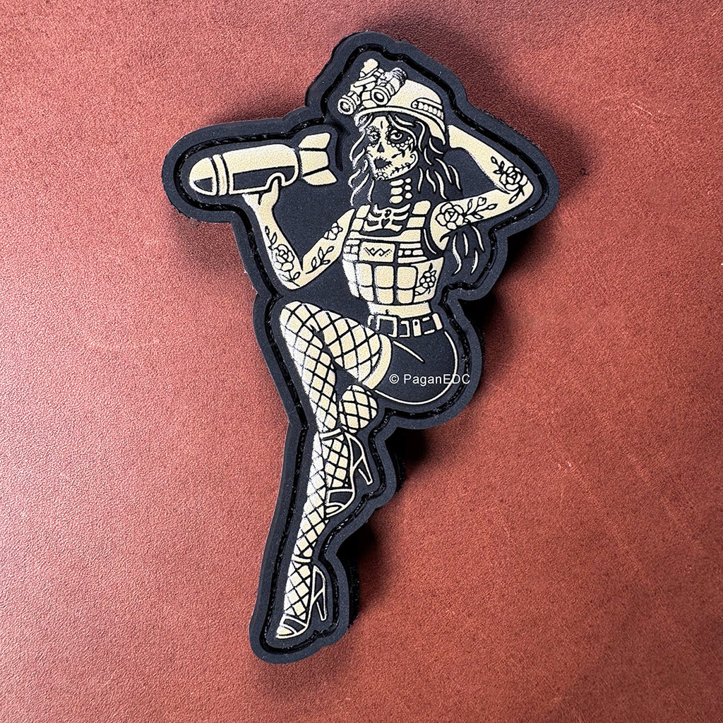 Droppin Bombs Pin-Up Girl PVC morale patch with raised 3D pin-up design