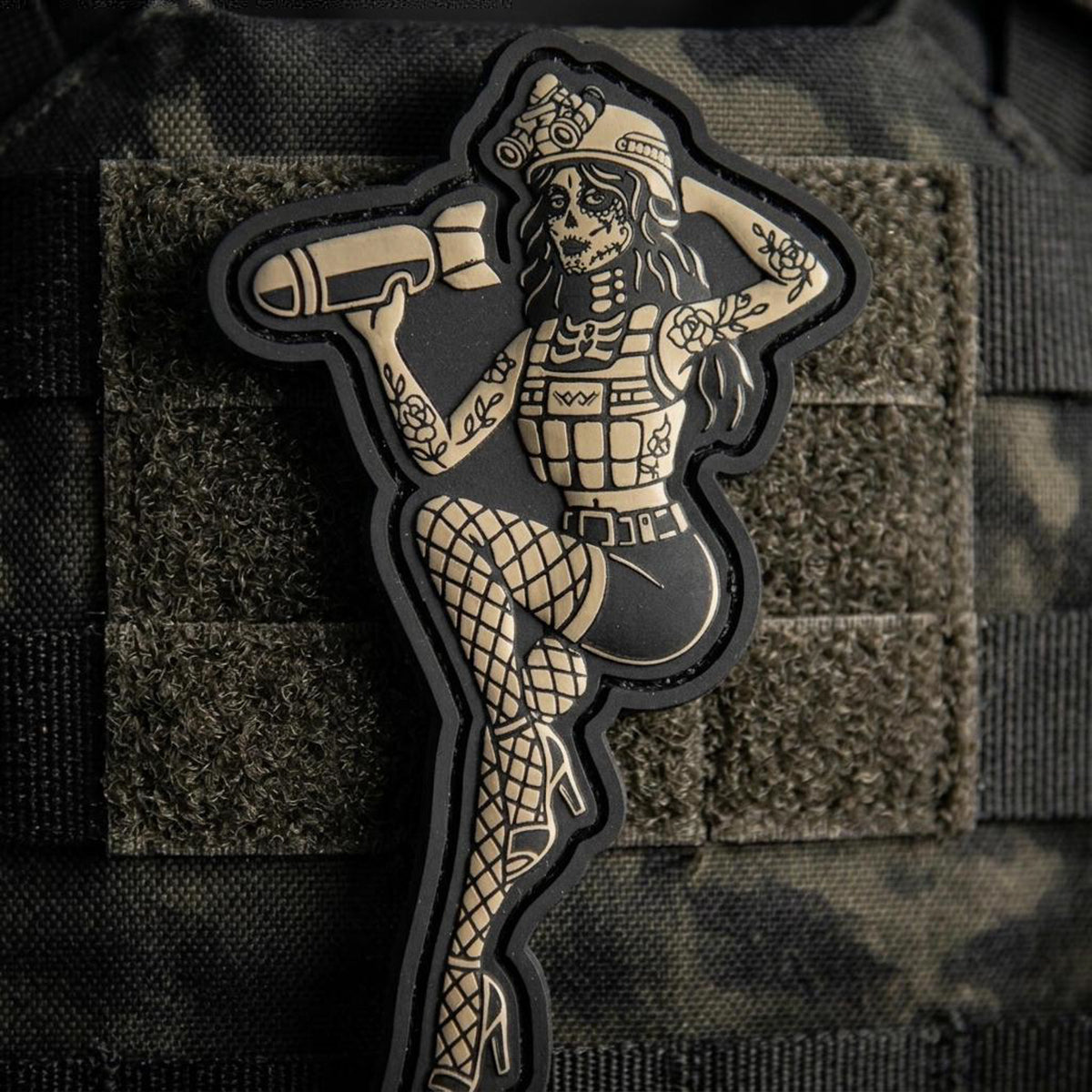 Droppin Bombs Pin-Up Girl PVC morale patch attached to tactical gear