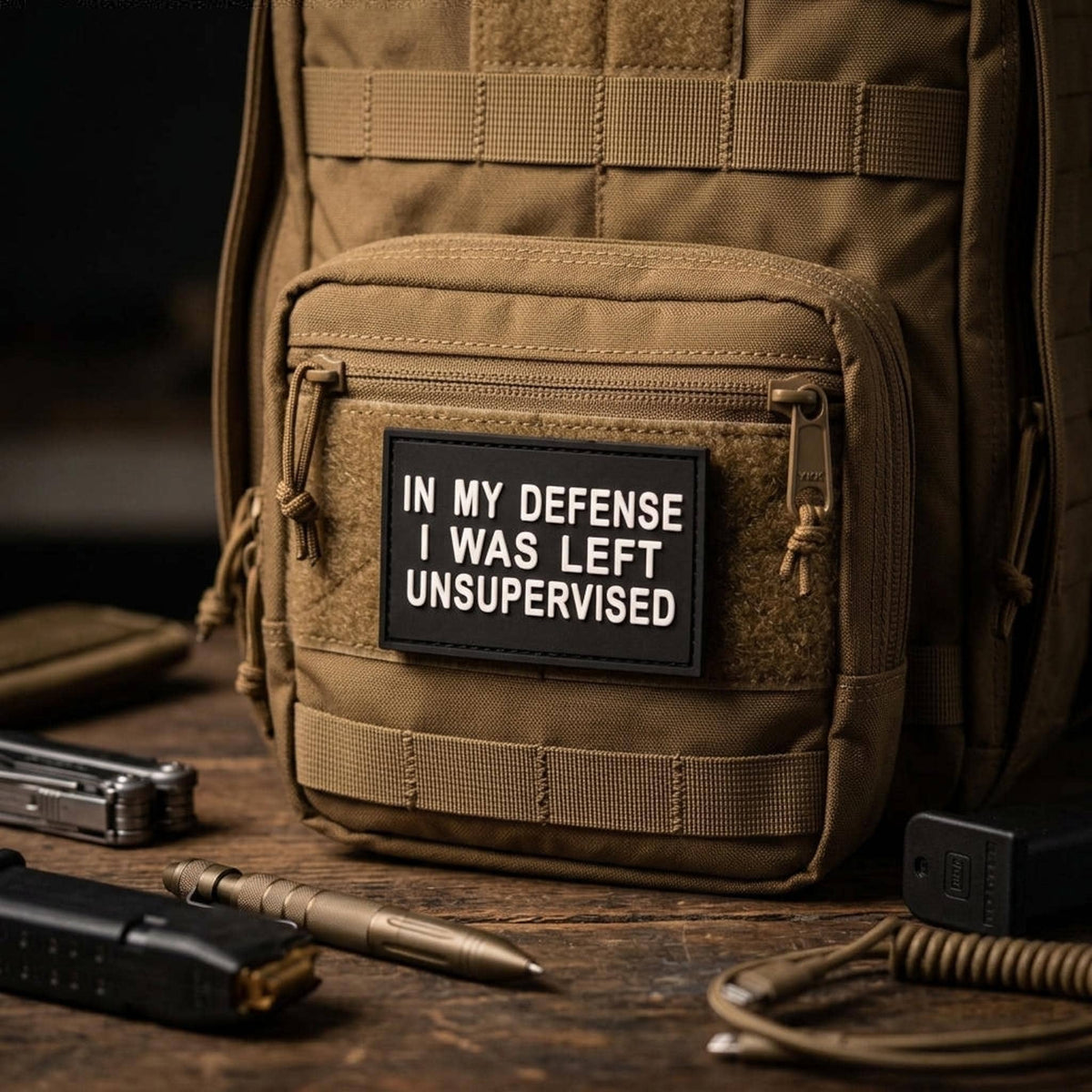 Left Unsupervised PVC morale patch attached to tactical gear