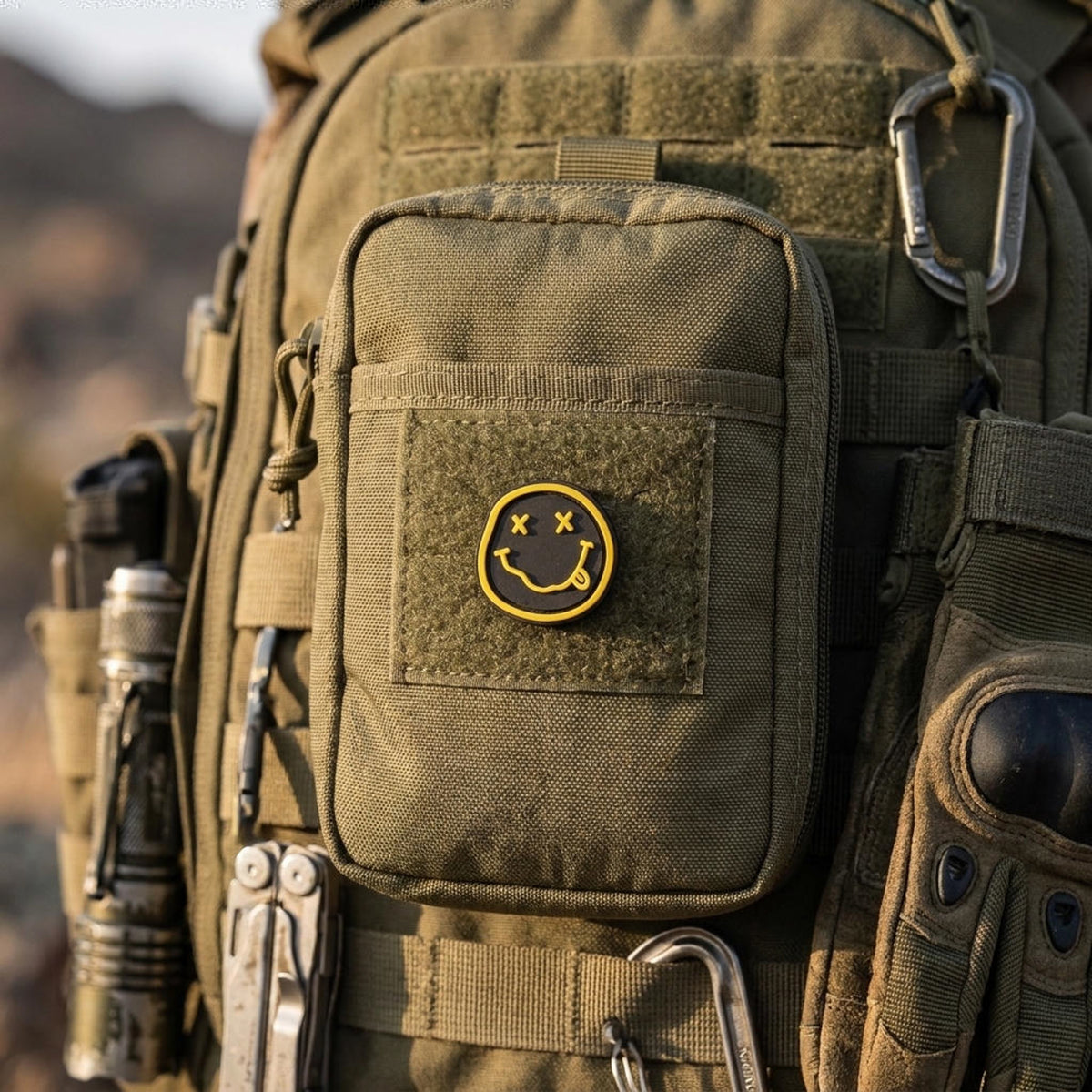 Nirvana PVC morale patch attached to a tactical backpack