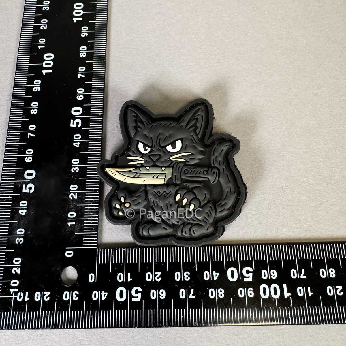 PaganEDC Cat PVC morale patch shown with size measurement