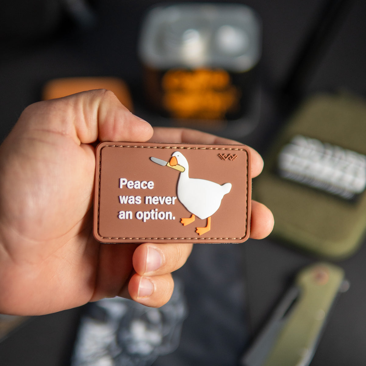 Close-up of Peace Was Never an Option PVC morale patch