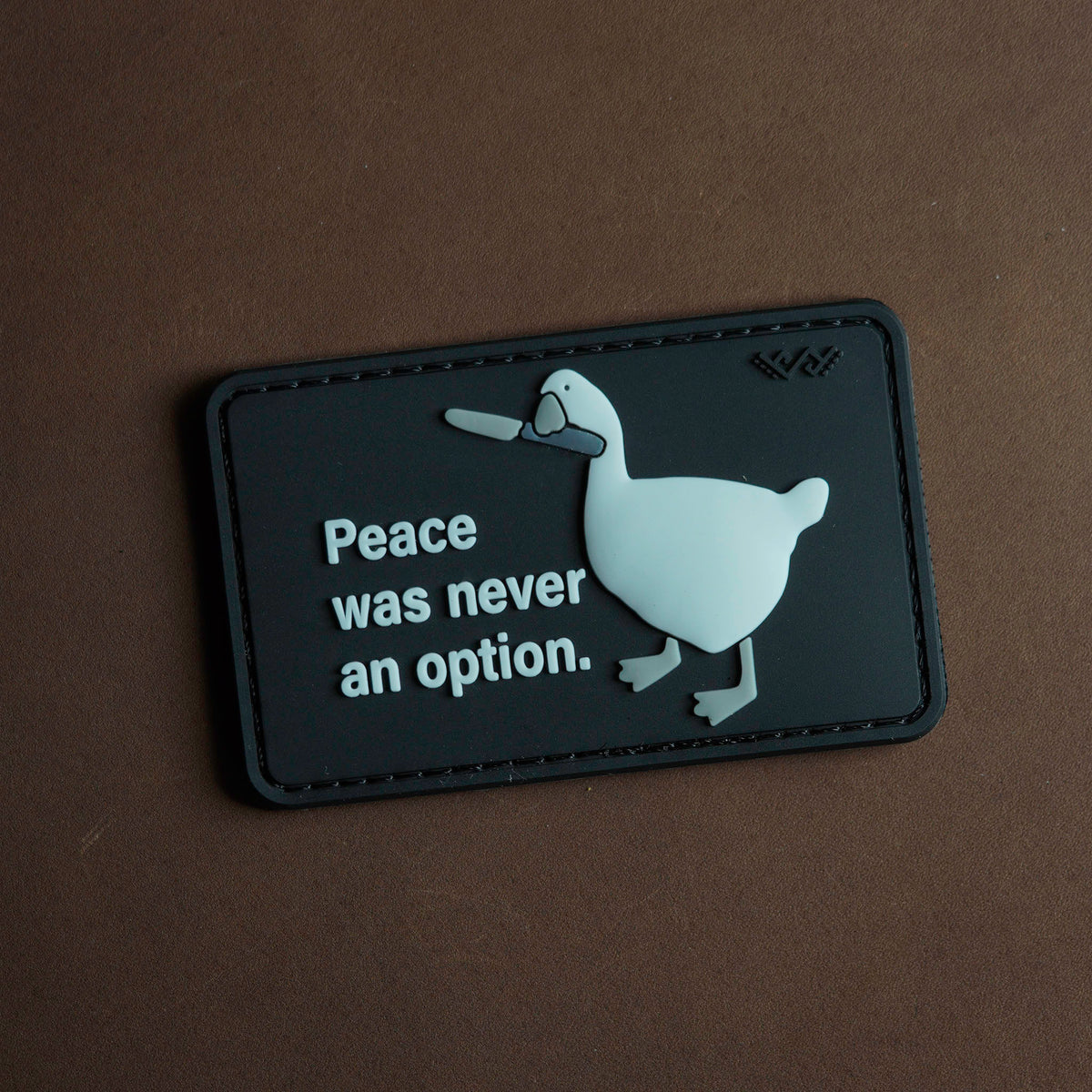 Peace Was Never an Option PVC morale patch with goose and knife design