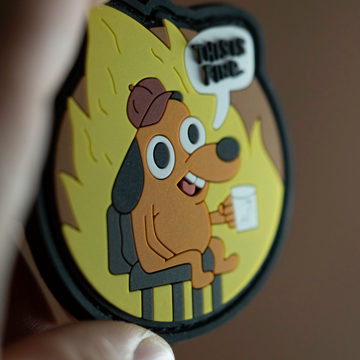 This Is Fine PVC morale patch with dog and fire design