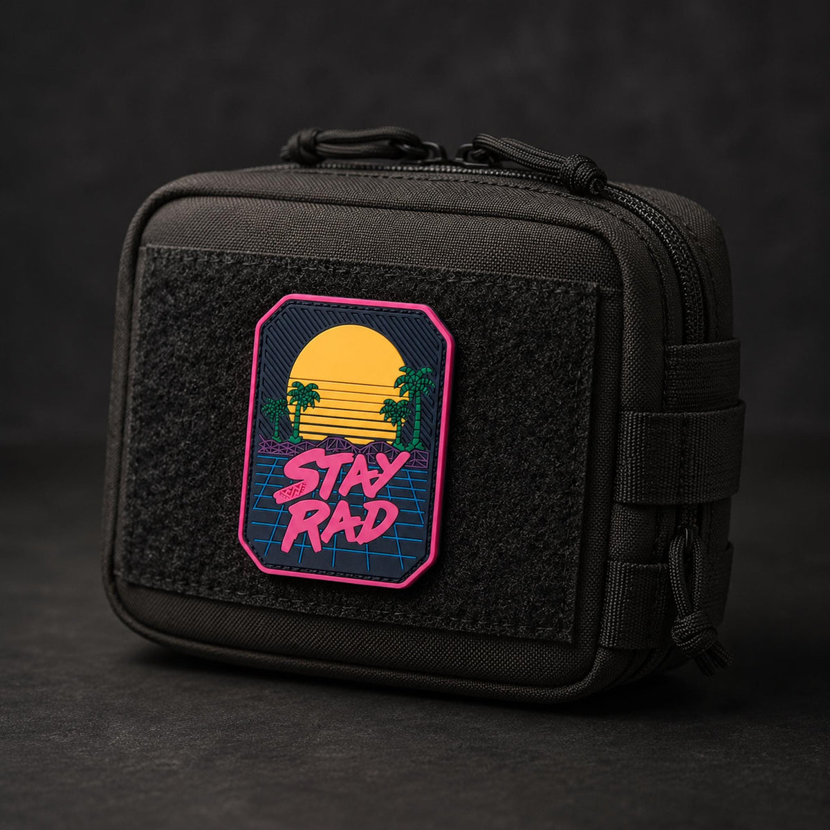 Stay Rad PVC morale patch attached to a black tactical pouch